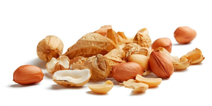 Scattered peanuts in shells and kernels arranged on white surface