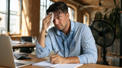 Obraz premium A man in a blue shirt wipes sweat from his forehead while working at a desk with a laptop and notebook in a warm, sunlit office.