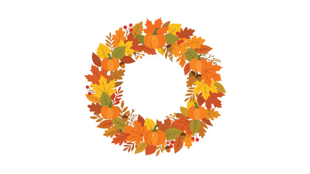 Thanksgiving Wreath with Pumpkins and Colorful Autumn Maple Leaves for Seasonal Holiday Decor