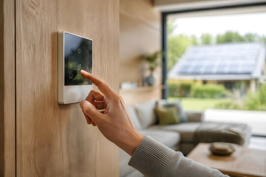 Close-Up of Smart Home Energy Controller in Sustainable Interior