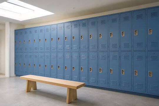 Long row of blue school lockers with wooden bench in bright hallway