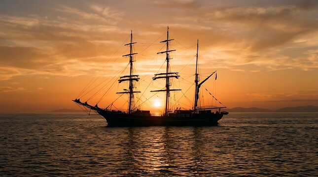 Silhouette of large tall sailing ship on calm ocean at sunset with sailboat silhouette maritime