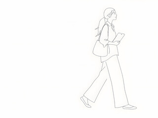 Fototapeta premium タブレットを持って歩く若い女性のシンプルな線画イラスト