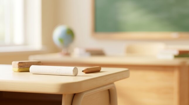Writing tools and supplies on a classroom desk.