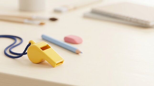 A yellow pencil lead holder on a light desk with school supplies