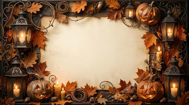 An ornate Halloween frame featuring glowing pumpkins and vintage lanterns on a dark background.