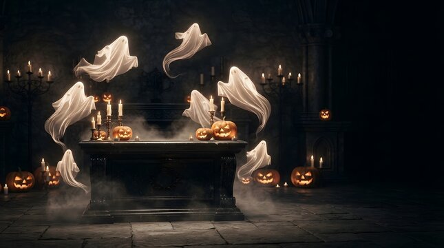 Ethereal ghosts floating above a dark stone altar surrounded by glowing jack-o-lanterns at night.