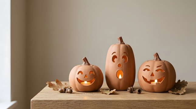 Three carved ceramic pumpkins with glowing lights sit on a wooden table for a festive celebration.