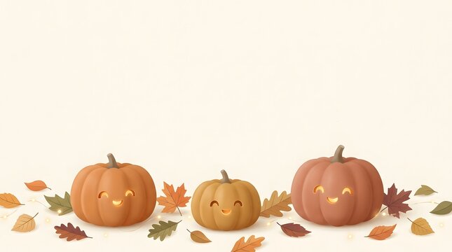 Three smiling carved pumpkins sitting on the ground surrounded by colorful autumn fallen leaves.