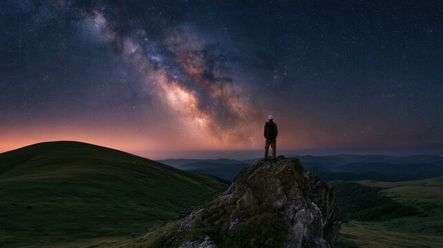 Lone hiker standing on rocky peak under spectacular milky way galaxy, green rolling hills with warm sunset glow at horizon