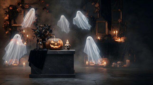 Translucent ghosts hovering near a stone pedestal with a carved pumpkin in a dark spooky chamber.