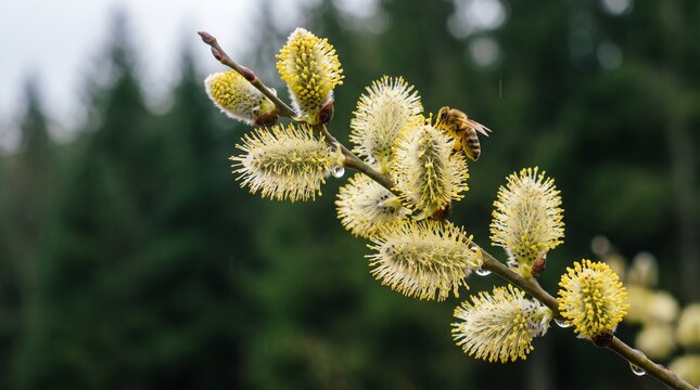 Honeybee gathering pollen from a willow catkin branch in springtime