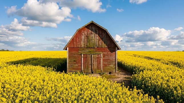 Red wooden barn stands prominently within a vibrant yellow rapeseed field
