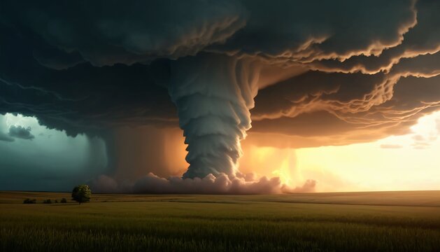 Large supercell tornado over rural plain in golden evening light