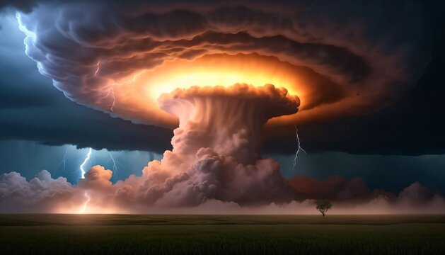 Mushroom shaped supercell cloud with glowing core and storm lightning