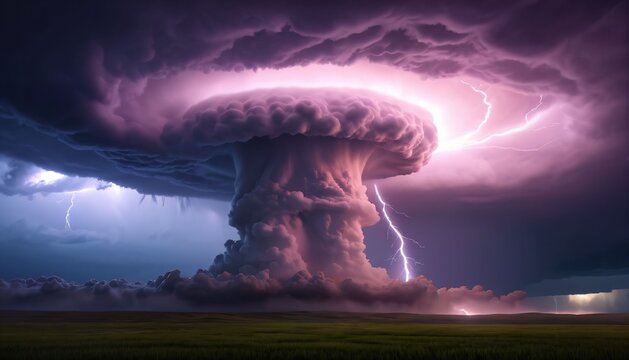 Purple lit tornado storm over dark land with lightning strike