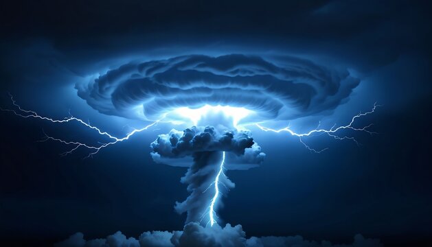 Blue electric supercell tornado with circular cloud vortex