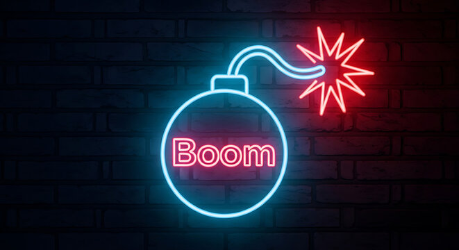 Explosive Neon "Boom" Sign with Glowing Bomb Icon on a Dark Brick Wall, Dynamic Pop Art Style for Impact