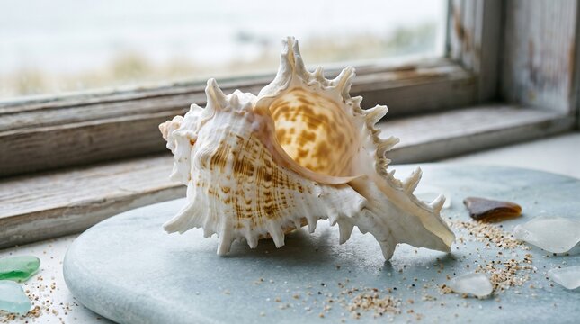 A white conch seashell rests on a textured blue surface near a window