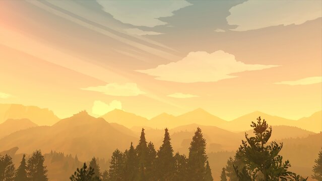 Flat Vector Pine Trees Layered Mountains Golden Hour Yellow Orange Minimalist