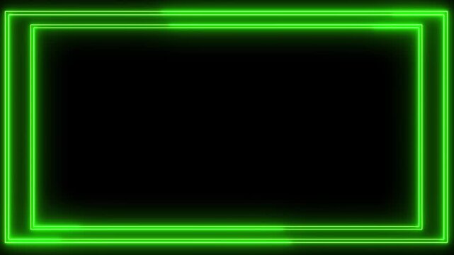 Green neon border glowing light frame animation on black background for digital display gaming and creative video design.