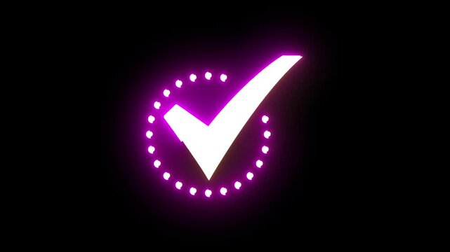 White check mark with glowing purple dots circle on black background, success confirmation sign animation.