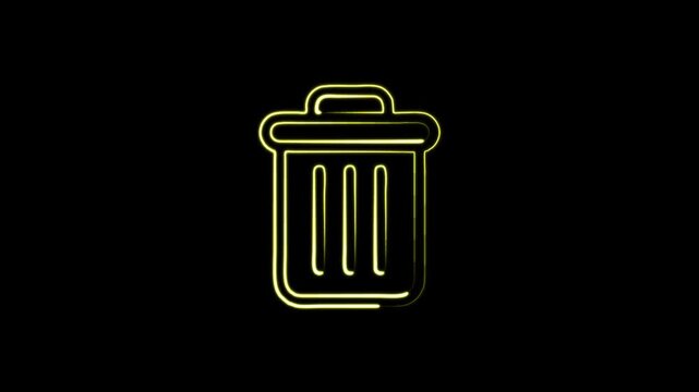 Glowing trash can icon animation on black background, digital interface delete symbol, motion graphics.