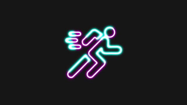 Neon running man icon glowing with cyan and purple light pulses on dark background for fitness sport and motion graphics.