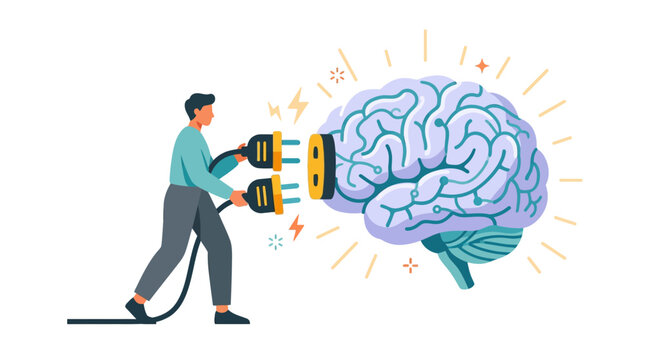 Man connecting electrical power plugs to a glowing human brain for mental energy and neural activation flat vector element.