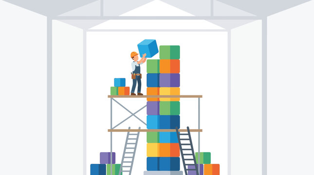 Professional construction worker stacking colorful cubes on a high scaffold tower flat vector element