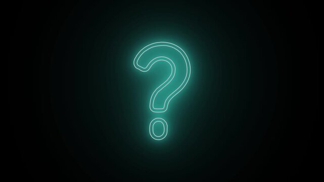 Cyan neon question mark flickering on black background with glowing light effect for trivia and inquiry motion graphics.