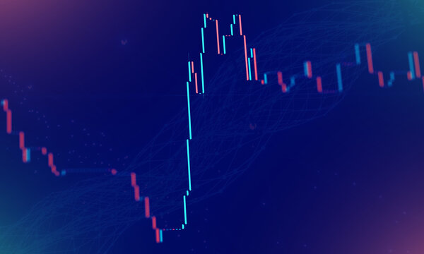 Abstract financial stock market chart with glowing neon blue and pink candlestick bars and wave lines on a dark blue background