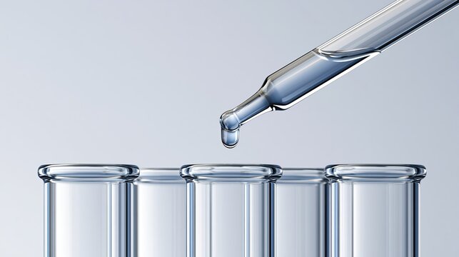 Lab pipette dropping clear liquid into test‑tubes, chemistry research scene, biomedical laboratory experiment close‑up graphic