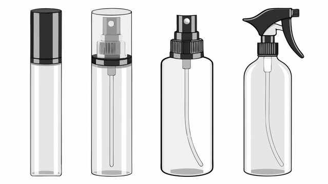 A set of four empty transparent spray bottles with different caps and trigger mechanisms, isolated on a white background, for product mockups
