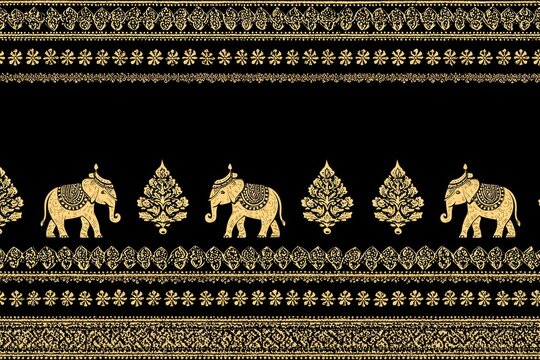 Thai elephant pattern with gold decorative border on black background