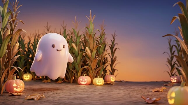 A friendly ghost wanders through a magical cornfield at sunset.