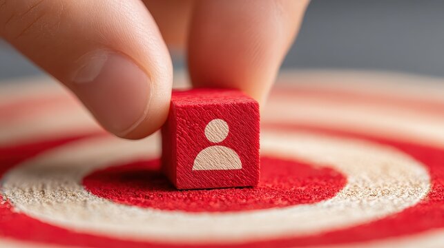 Hand placing a red human icon cube on a target for customer segmentation and marketing strategy