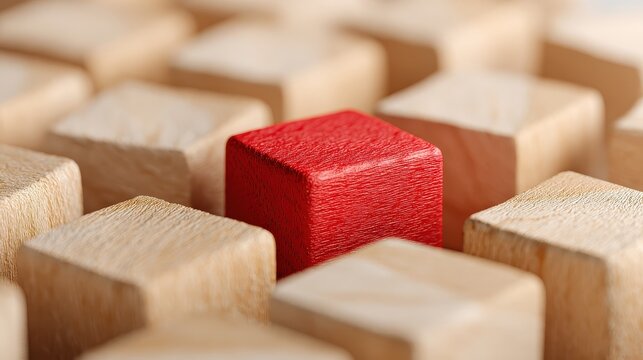 Single red wooden cube standing out among many natural wood blocks for business concept