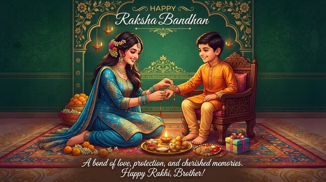 Happy raksha bandhan illustration featuring a sister tying rakhi to her young brother, festive background with marigolds, gifts, and traditional elements