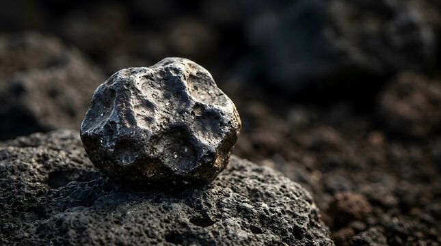 Dark metallic meteorite fragment resting on a rocky volcanic surface