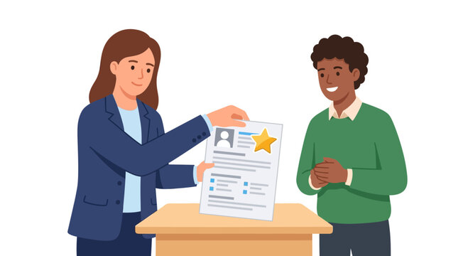 Professional HR manager awarding gold star on candidate resume for employee recognition flat vector element