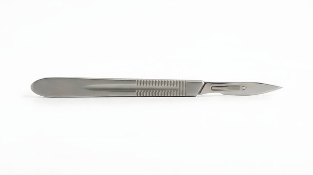 Surgical scalpel blade with metal handle on white background