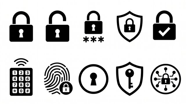 Create a clean professional monochrome vector icon collection featuring ten different security and protection symbols arranged in two evenly spaced horizontal rows on a pure white background. The icon