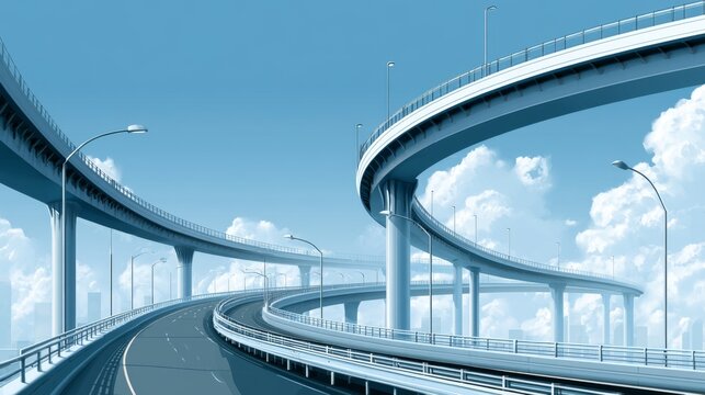 Futuristic Urban Landscape of Modern Overpass Bridges Under Clear Blue Sky with White Clouds and Illuminated Street Lamps