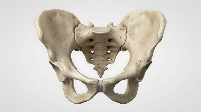 Human pelvis bone structure, anatomical pelvic girdle on white background, medical skeletal system illustration for education