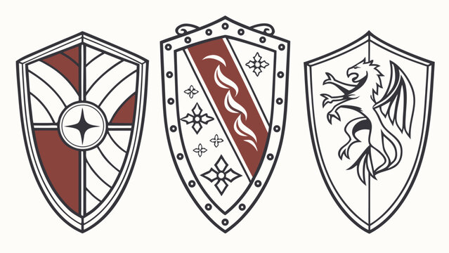 Three medieval style heraldic shields featuring intricate patterns, a central star, floral motifs, and a mythical griffin creature in line