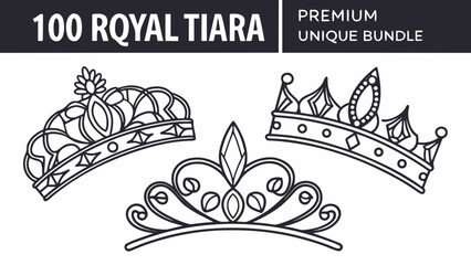 Bundle of three unique royal tiara in black outline style isolated on a white background, for crown princess © Johir