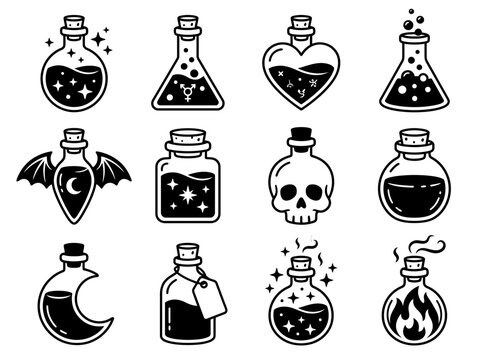 Set of magical potion bottle icons in black and white vector style