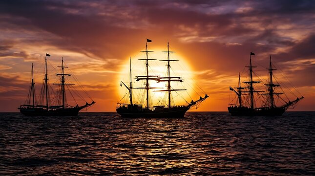 Three antique sailing ships silhouetted against a large setting sun over the sea with silhouette