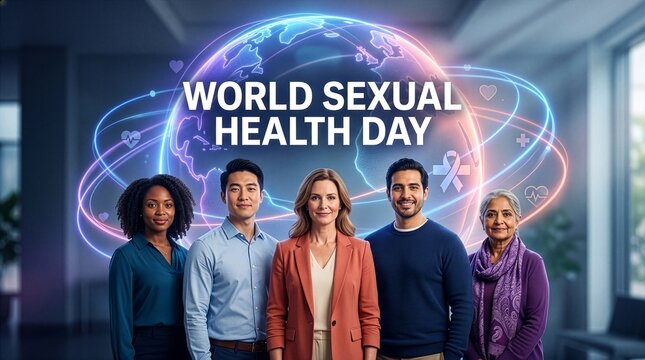 World Sexual Health Day Global Awareness Poster with Diverse Adults and Healthcare Technology Concept